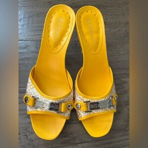 BCBGirls Yellow Logo Slide Mules with Silver Hardware